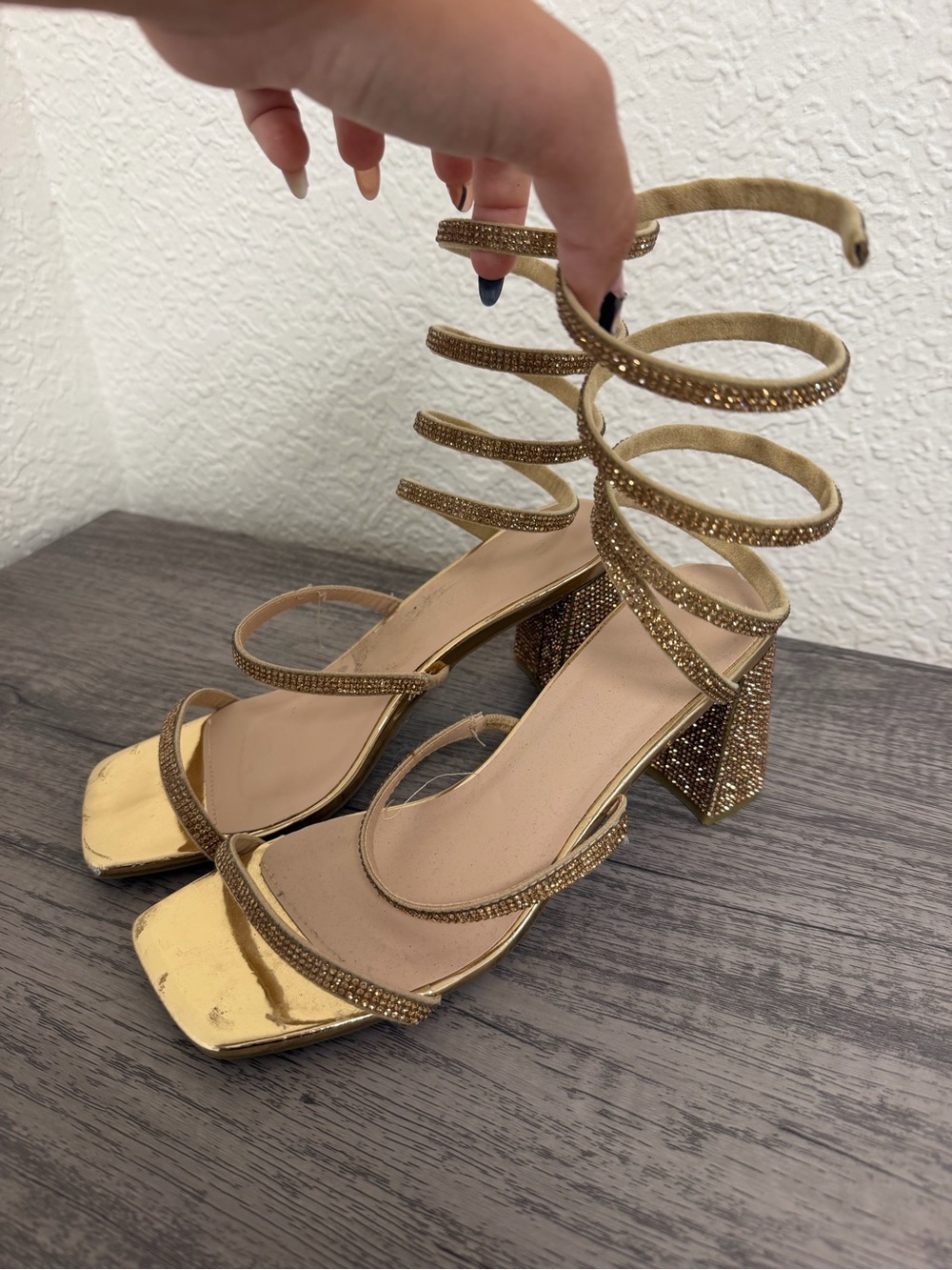 Wild Diva Metallic Gold Spiral Strap Block Heels